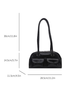 Retro black glossy shoulder bag dimensions: 28.5cm x 14.5cm x 11.5cm with strap height 30cm