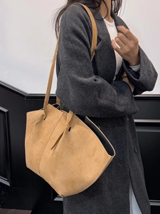 Minimalist camel suede tote bag with long shoulder straps for business casual daily use