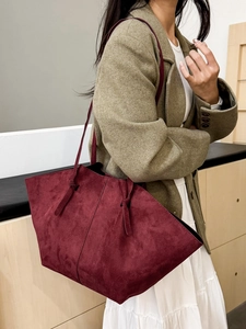 Minimalist burgundy suede tote bag for women with large capacity and shoulder strap