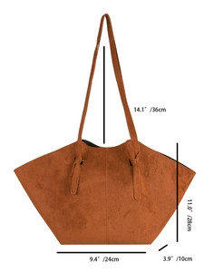 Brown suede tote bag with trapezoid design and dimensions showing large capacity