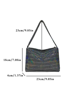 Sparkly black sequin underarm bag with rainbow laser effect and size dimensions