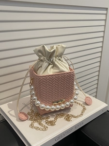 Women Woven Texture PU Leather Bucket Bag With Artificial Pearl Handle Gold Chain Strap Elegant Drawstring Crossbody Shoulder Bag