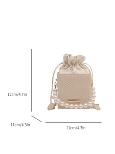 Mini off-white drawstring bucket bag with pearl handle and woven texture leather finish