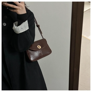 Mirror selfie showing a dark brown vintage shoulder bag with golden twist lock on a black coat