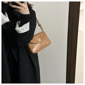 Mirror selfie showing a brown faux leather crossbody bag with golden twist lock closure