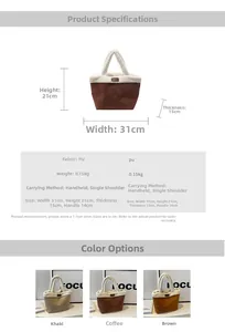 Detail view of the brown PU leather and white fleece tote bag with size specifications