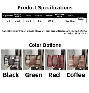 Detailed size specifications for the plaid tote bag with four color options display