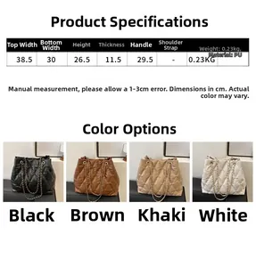 Size chart for quilted tote bag showing dimensions for width, height and chain strap length