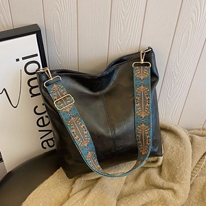 Large black PU leather tote bag with vintage woven shoulder strap for women