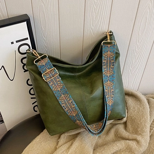 Large capacity dark green hobo bag with vintage ethnic style embroidered shoulder strap