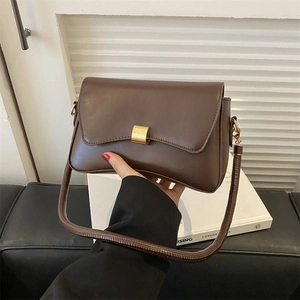 Women PU Leather Crossbody Bag Gold Metal Buckle Flap Shoulder Baguette Bag Vintage Commute Minimalist