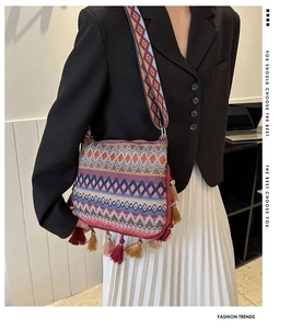 Close-up of bohemian bucket bag featuring colorful geometric patterns and long fringes