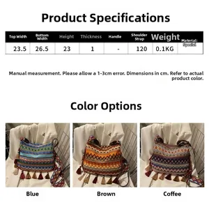 Detailed size chart for ethnic style crossbody bucket bag with fringe and dimensions