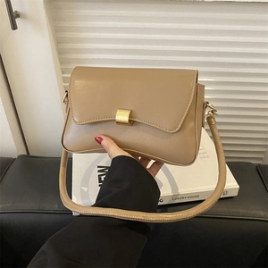 Khaki faux leather baguette shoulder bag with gold metal buckle for women's daily commute