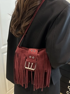 Burgundy suede tassel shoulder bag for women, bohemian style crossbody with belt buckle