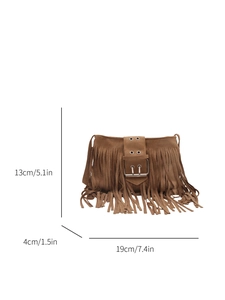 Brown suede tassel shoulder bag with decorative buckle and dimensions 19x13x4cm
