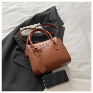 Detail of brown crocodile pattern handbag styled on a suit with office accessories