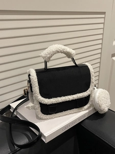 Women Plush Trim Suede Square Bag Faux Lamb Wool Crossbody Bag With Round Pouch Winter Autumn Handbag Shoulder Bag