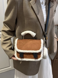 Brown suede crossbody bag with white sherpa trim and matching plush round coin purse