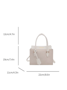 Sac à main bandoulière beige et gris élégant avec poignées et dimensions précises
