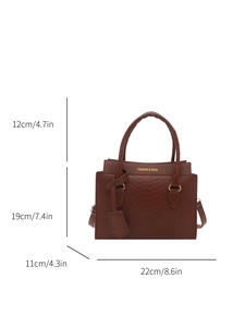 Brown snakeskin embossed handbag with dimensions shown on a clean white background