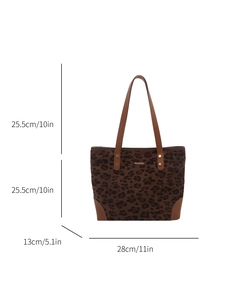 Leopard print tote bag with brown straps and detailed size dimensions in inches and cm