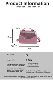 Detailed size guide for the metallic PU evening bag with measurements and strap info