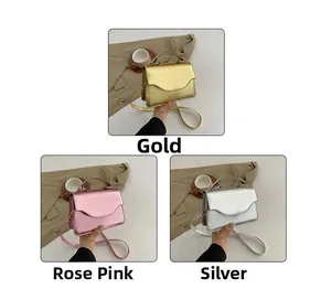 Detailed comparison of mini evening bags in metallic gold, rose pink, and silver finishes