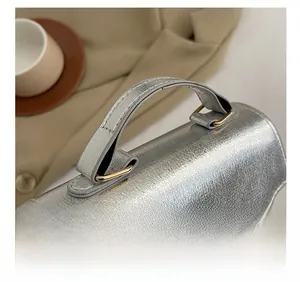 Macro shot of silver cracked texture leather evening bag with gold metal hardware