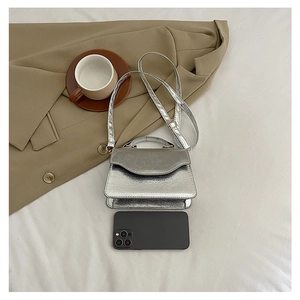 Detailed view of a silver metallic evening bag with chain strap on a white background