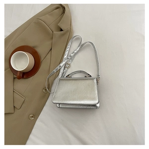 Detailed close-up of a silver metallic mini evening bag with a smooth top handle and strap