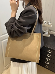 Retro khaki large tote bag in lychee pattern leather with stylish shoulder straps