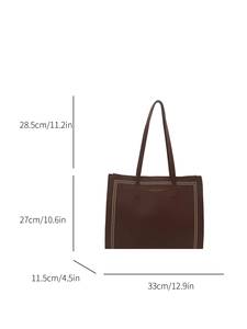 Brown pebble leather tote bag with metal studs and detailed size dimensions shown