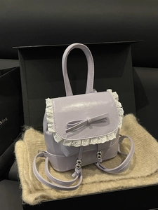 Women Sweet Lolita Mini Backpack PU Leather Bag Lace Trim Bowknot Drawstring Small Shoulder Bag Daily Fashion Travel Purse