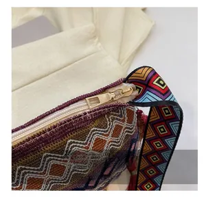 Detail of a gold metal zipper and multi-color woven texture on an ethnic style bucket bag