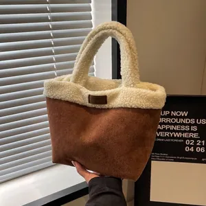 Women Spliced Tote Bag Faux Suede And Sherpa Fur Contrast Color Handbag For Autumn Winter Daily Commute