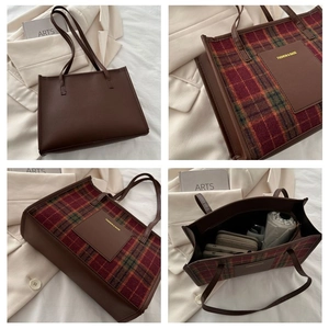 Detail of checkered tote bag showing dual-sided PU leather and wool fabric construction