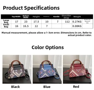 Detailed size chart and color options for ethnic style canvas crossbody handbags