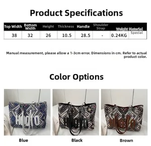 Detailed size chart and dimensions of the large ethnic style canvas tote bag with letters