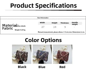 Detailed size chart and color options for ethnic print canvas crossbody bags