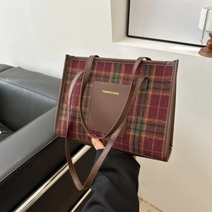 Plaid Tote Bag Woolen Tweed PU Leather Vintage Commuter Handbag For Women Fashion Casual Shoulder Bag