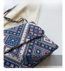 Close-up of woven ethnic pattern fabric and chain strap on a crossbody bag