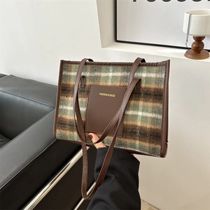 Chic plaid woolen tote bag in green and brown with leather handles for women's daily commute