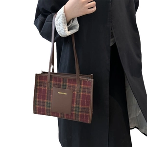 Classic checkered wool tote bag with brown leather straps for autumn winter commuting