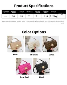 Detailed size chart and five color variants of quilted crossbody bag with heart buckle