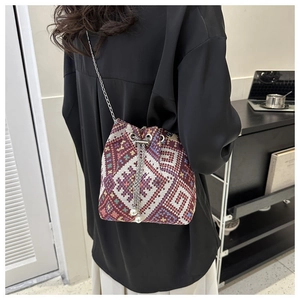 Ethnic embroidered bucket bag with silver chain strap and pearl drawstring detail on model