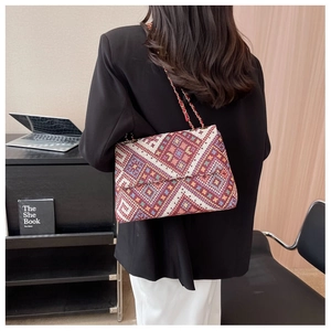 Detailed close-up of a large ethnic style crossbody bag with colorful geometric patterns