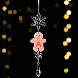 Acrylic Christmas gingerbread man ornament featuring letter A with snowflake and teardrop