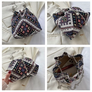 Detail views of ethnic knit bucket bag featuring colorful geometric patterns and pearl chain