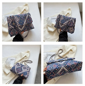 Detailed four-angle view of ethnic woven crossbody bag with geometric diamond patterns